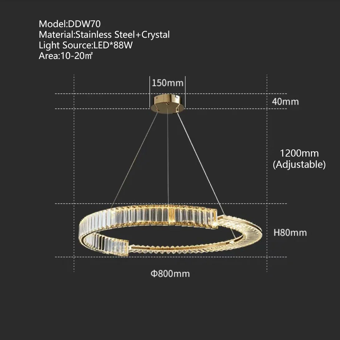 Lámpara de araña LED DecorBites™ con anillo de cristal dorado para una decoración minimalista y lujosa del hogar.