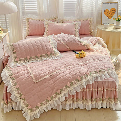 Decobites Korean Princess Bedding Set: Flowers, Lace, Ruffles, Embroidery, Quilted, Duvet Cover, Bedspread