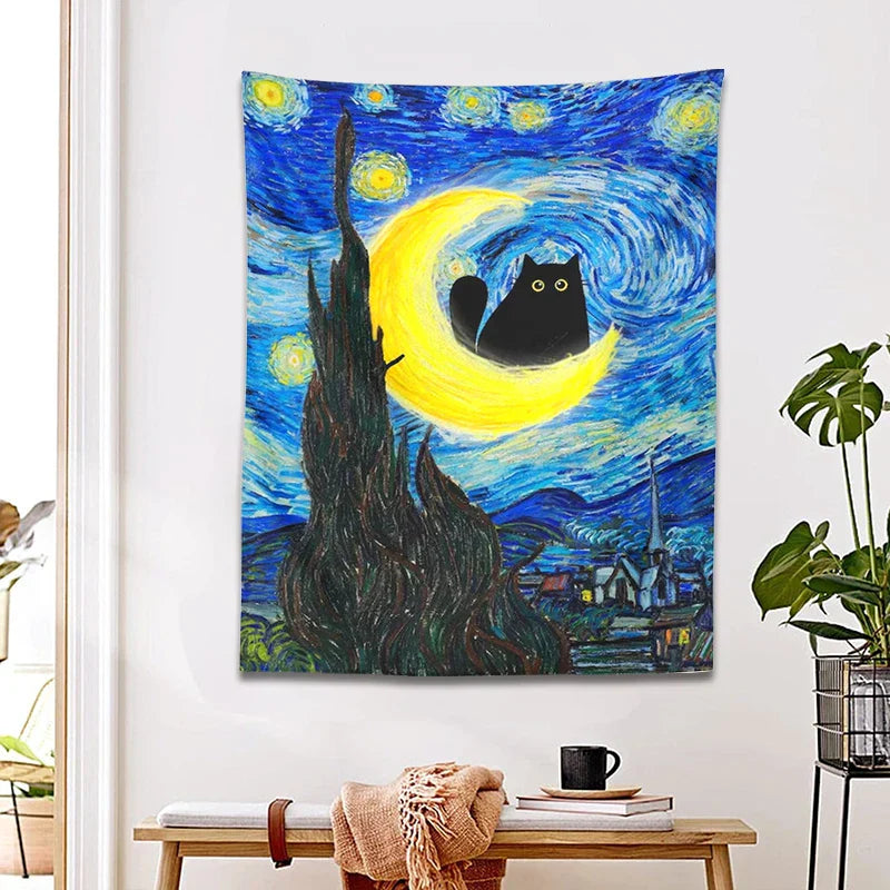 Decobites Starry Night Cat Tapestry Moon Cat Art Blanket Wall Hanging