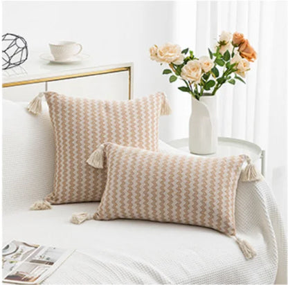 DecorBites™ Jacquard Woven Cushion Cover with Tassels - Modern Minimalist Striped Design