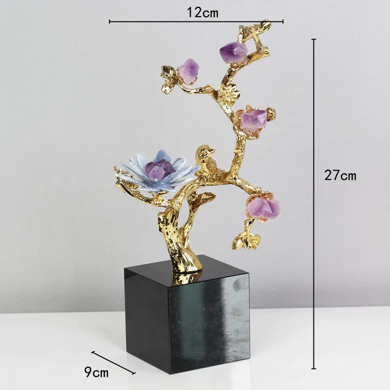 DecorBites™ Golden Tree Crystal Flower Brass Amethyst Decor with Golden Bird Figurines