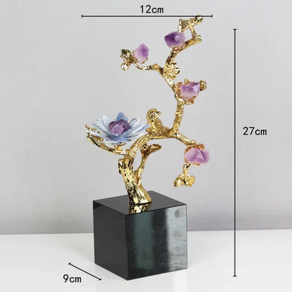 DecorBites™ Golden Tree Crystal Flower Brass Amethyst Decor with Golden Bird Figurines