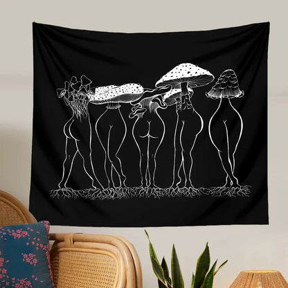 Decobites Mushroom Woman Tapestry Wall Hanging Black White Boho Decor Bedroom Aesthetic