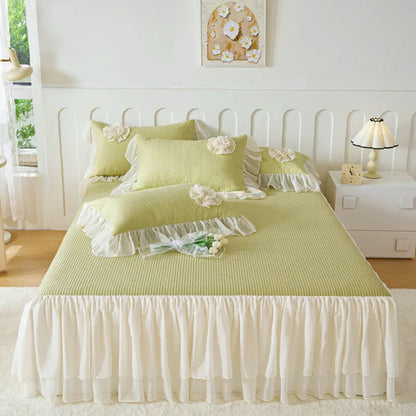 Decobites Princess Style Cotton Bedding Set with Flowers, Lace Ruffles, and Quilted Details