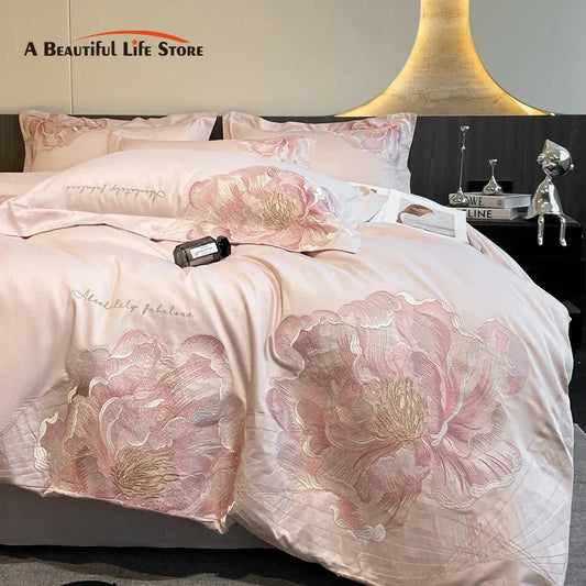 Luxury Flowers Embroidery Bedding Set by Decobites: Duvet, Sheet, Pillowcases 4Pcs