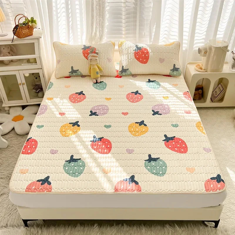 DecorBites™ Cartoon Print Silky Mattress Set: 4-Layer Quilted Breathable Cushion