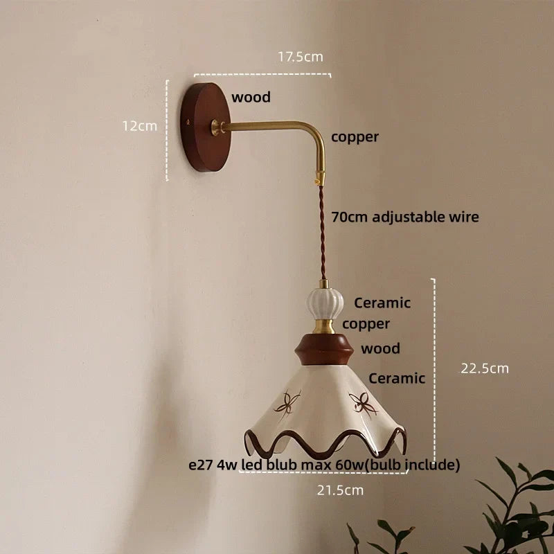 DecorBites™ Ceramic LED Wall Light Copper Pull Chain Wood Base Modern Bedside Lamp