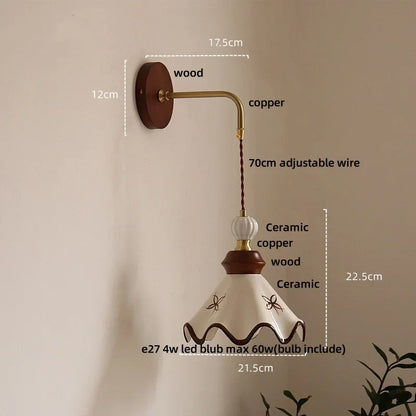 DecorBites™ Ceramic LED Wall Light Copper Pull Chain Wood Base Modern Bedside Lamp