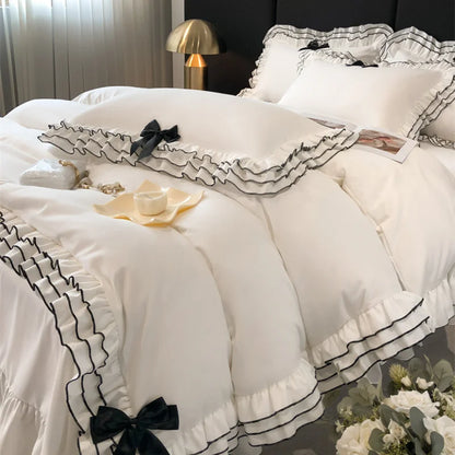 Decobites Korean Lace Ruffles Bedding Set with Black Bow Accent