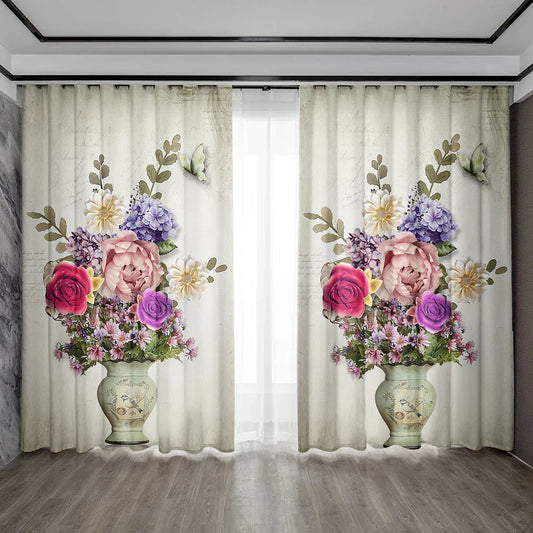 Decobites Flowers Curtains Set with Pole Bag for Home Decoration