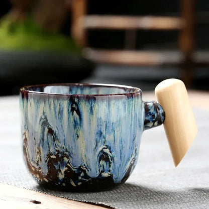 DecorBites™ Ceramic Latte Mug with Wooden Handle for Coffee and Tea Menstruum
