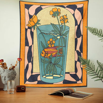 Decobites Psychedelic Vase Goldfish Flower Tapestry Wall Hanging Vintage Inspired Decor