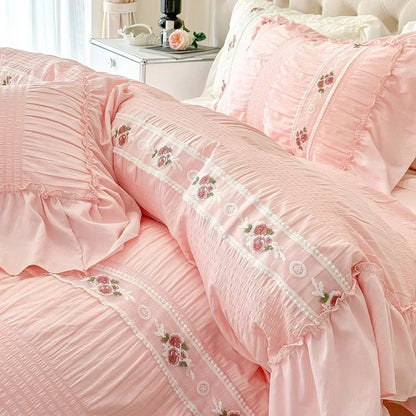 Decobites Romantic Lace Bubble Gauze Queen Bedding Set - Elegant Princess Style emb. Duvet Cover Set