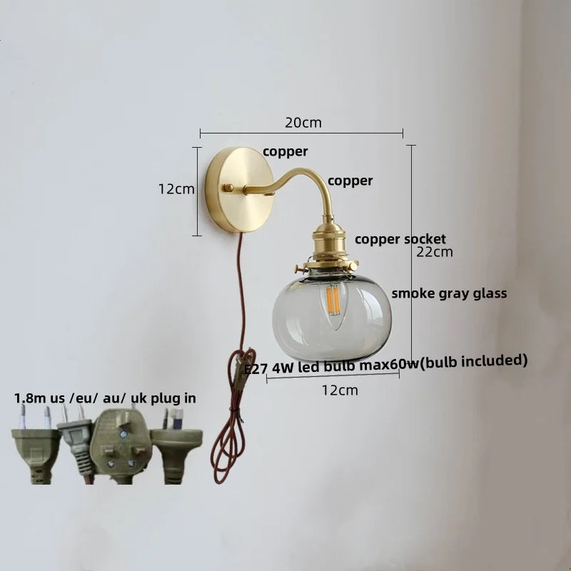 DecorBites™ Green Class Ball LED Wall Light Fixture, Copper Socket, Pull Chain Switch