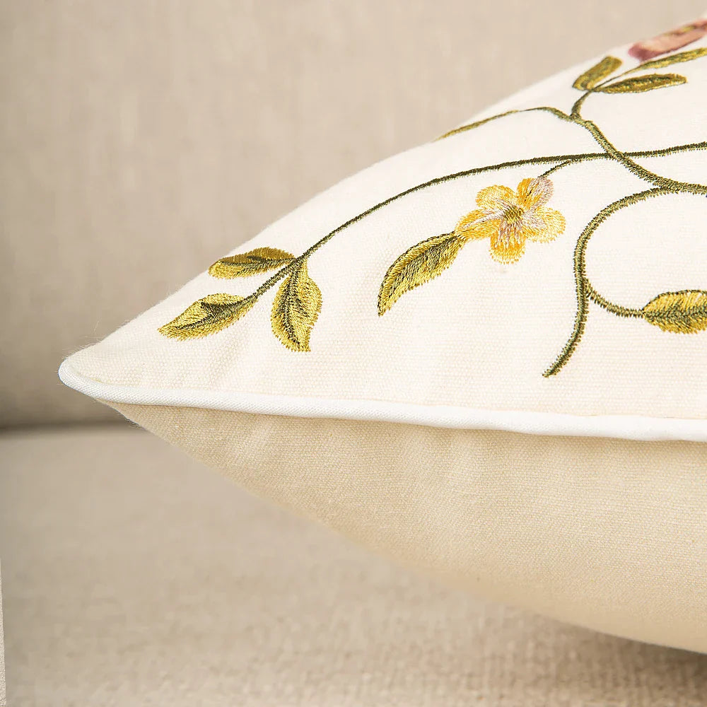 DecorBites™ Bird Embroidered Cotton Cushion Cover 45x45cm Square Floral Pillow Case