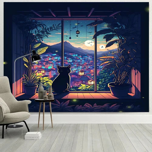 Decobites Dreamy Window Cat Tapestry Landscape Wall Cloth for Bedroom & Living Room