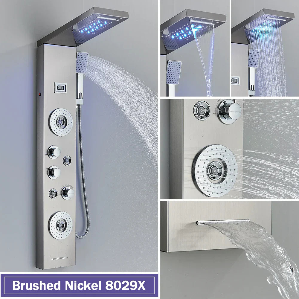 Columna de ducha DecorBites™ negra con iluminación LED, chorros de masaje y grifo mezclador tipo cascada