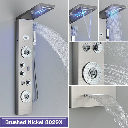 Columna de ducha DecorBites™ negra con iluminación LED, chorros de masaje y grifo mezclador tipo cascada