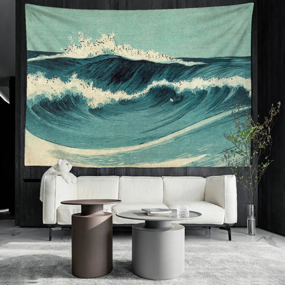 Decobites Blue Wave Oil Painting Tapestry Wall Hanging for Bohemian Style Room Decor