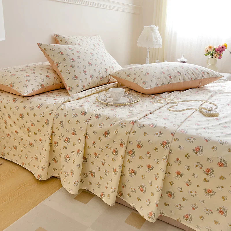 Decobites Vintage Plant Floral Cotton Flat Sheet Set with Pillowcases