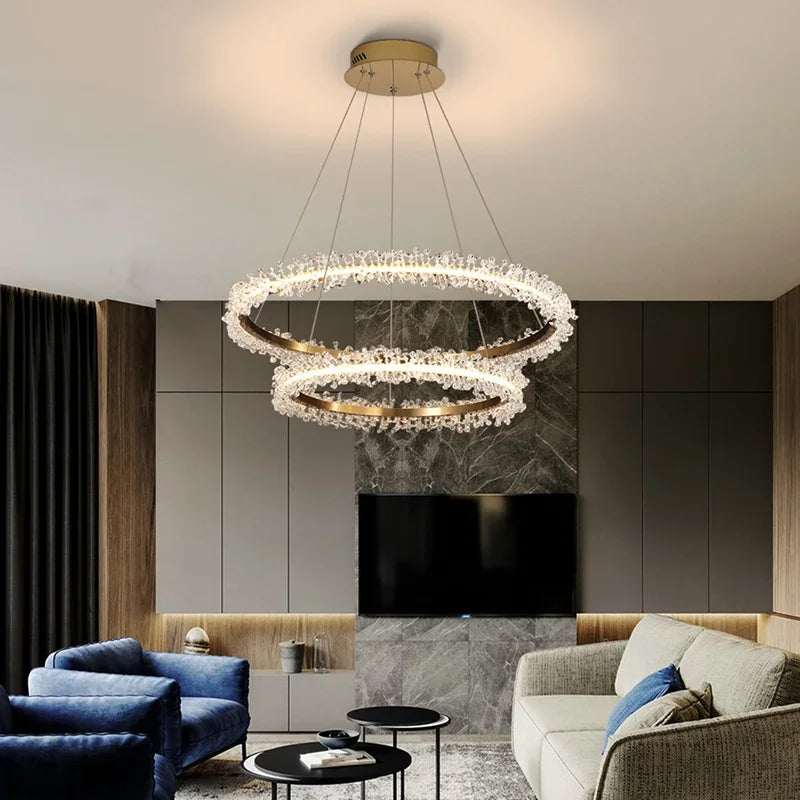 Chandelier de Anillo de Cristal Dorado Decorbites™ para la Decoración de Sala de Estar y Restaurante
