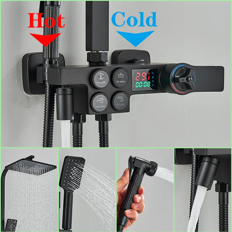 DecorBites™ Digital Display Thermostatic Shower Faucet Set, Rain Shower Column, Wall Mount - Black/Chrome