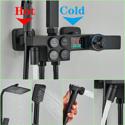 DecorBites™ Digital Display Thermostatic Shower Faucet Set, Rain Shower Column, Wall Mount - Black/Chrome