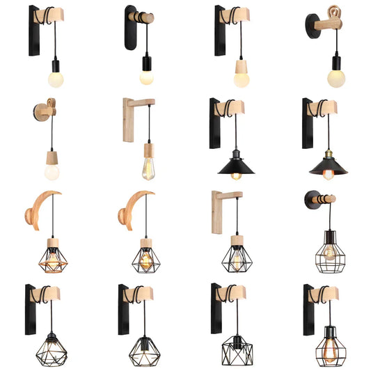 DecorBites™ Loft American Iron Wood Wall Sconce Vintage Cage Guard Lampshade Fixture