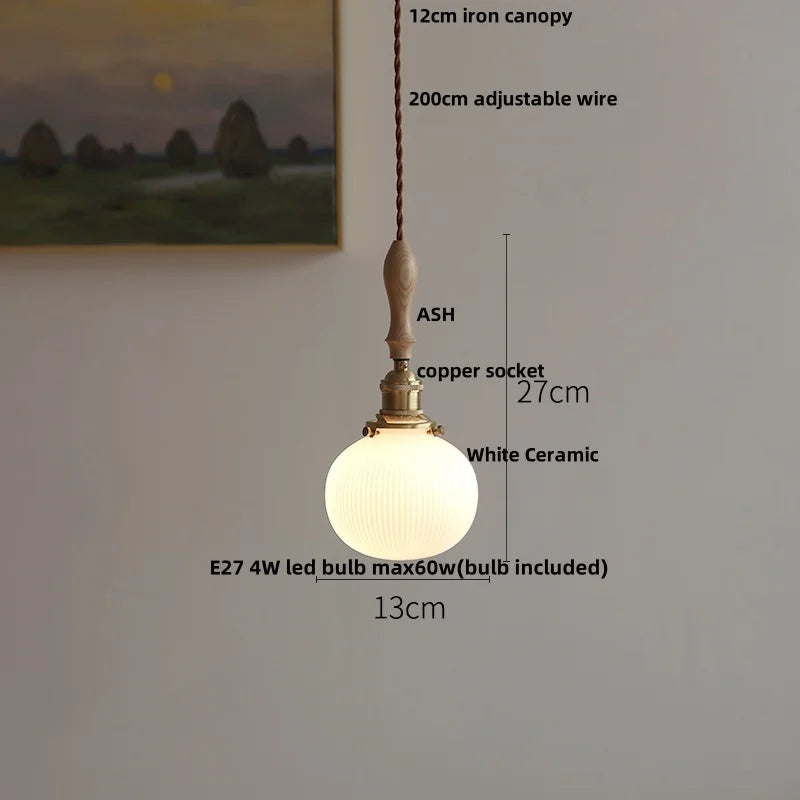 DecorBites™ Adjustable LED Pendant Lights Ash Wood White Ceramic Modern Hanging Lamp