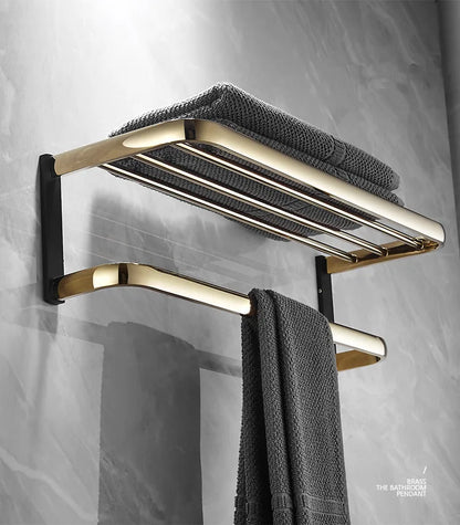DecorBites™ Gold & Black Bathroom Hardware Set: Shelf, Towel Rack, Paper Holder, Brush Holder