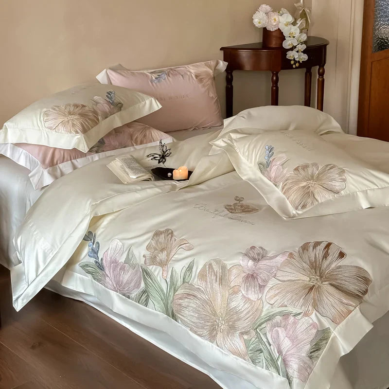 Decobites Luxury Flowers Embroidery Bedding Set Cream White 1000TC Egyptian Cotton Princess Suite