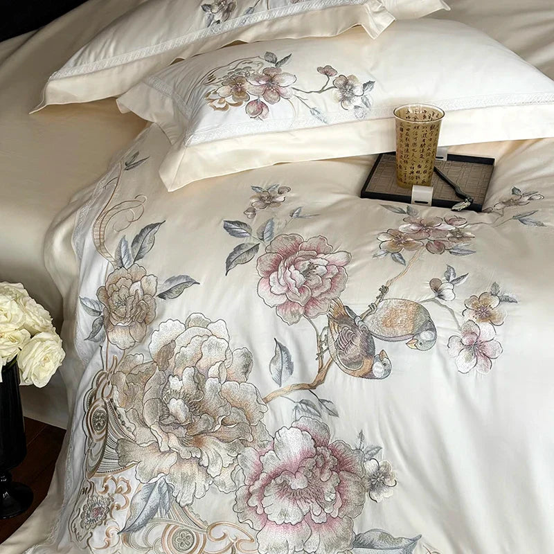 Decobites 5-Piece Chinese Flowers Bird Embroidery Bedding Set, 1000TC Egyptian Cotton, Queen King