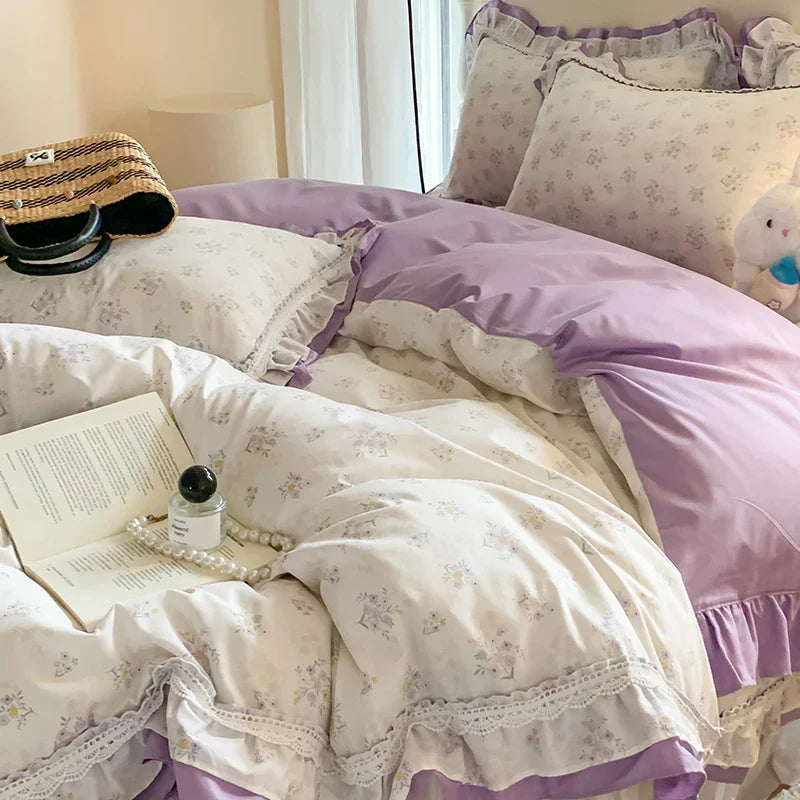 Juego de Edredón de Algodón con Volantes de Encaje Floral Decorbites™ y Funda de Almohada, Ropa de Cama Princesa
