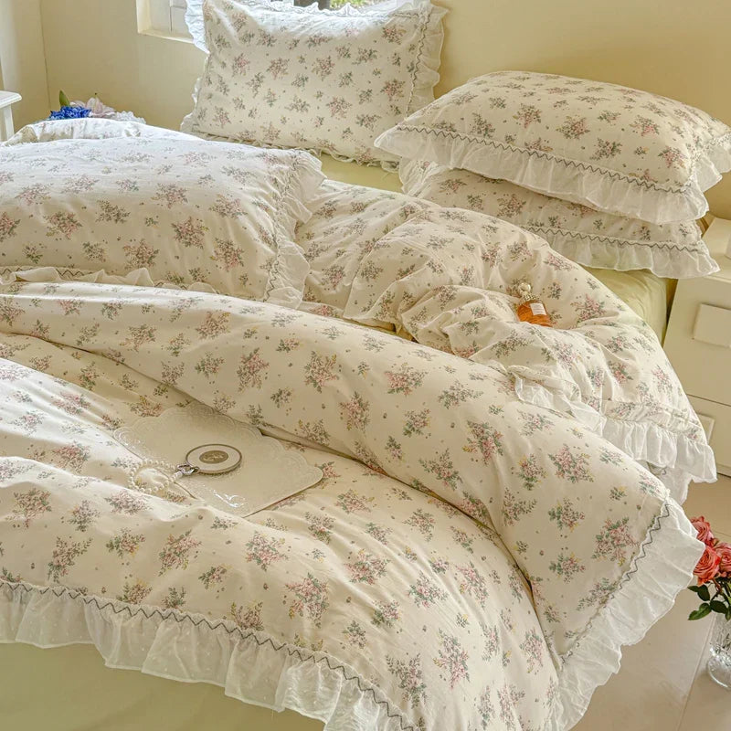 Decobites Floral Lace Ruffle Cotton Bedding Set with Quilt Cover, Duvet Cover, and Pillowcases