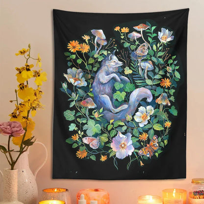 Decobites Botanical Floral Garden Tapestry Wall Hanging Fox Wildflower Hippie Psychedelic Home Decor