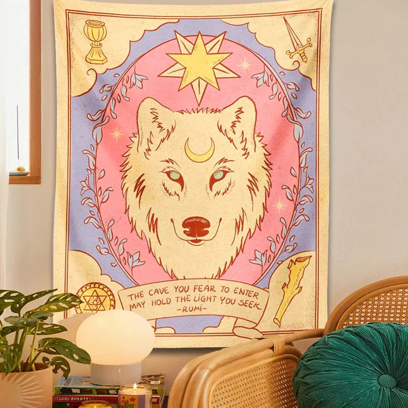 Decobites Tarot Tiger Tapestry Wall Hanging | Sun Moon Aesthetic Tapestries Bohemian Bedroom Decor