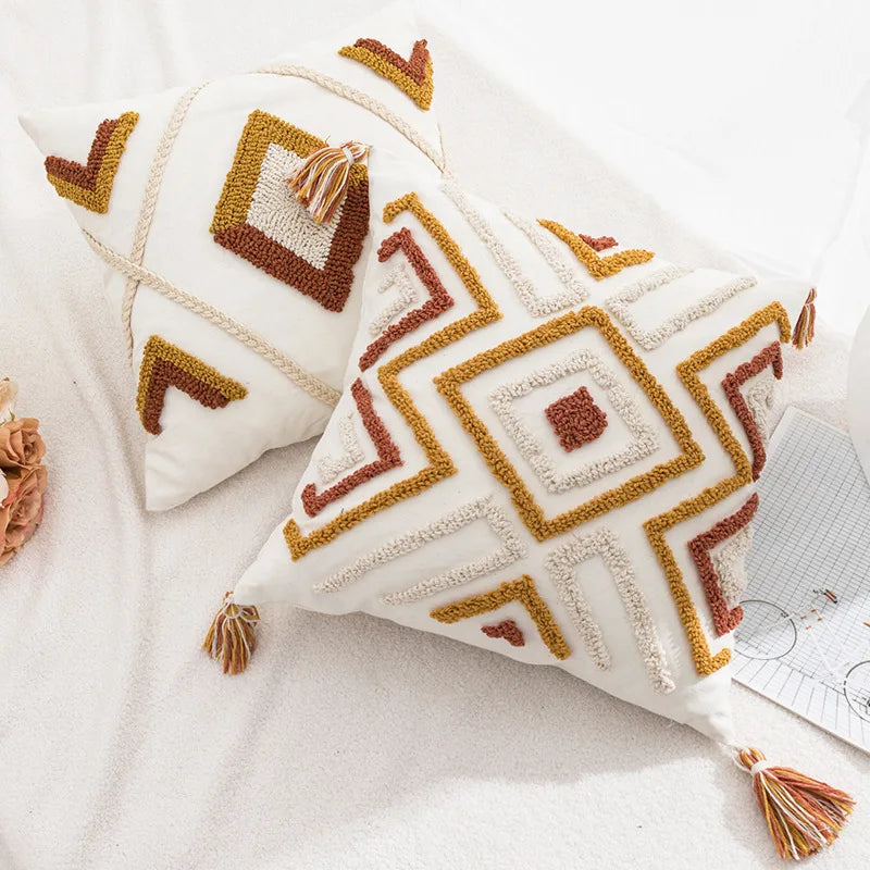 DecorBites™ Boho Loop Tufted Tassel Pillow Cover - Ethnic Embroidered Decorative Cushion