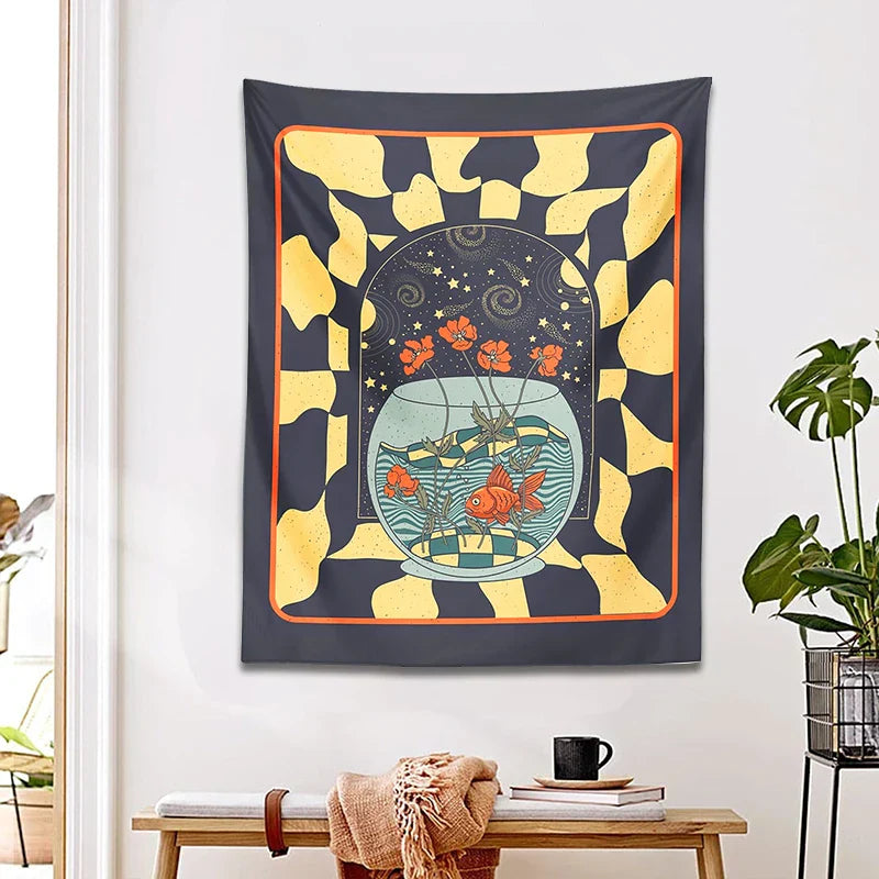 Decobites Psychedelic Goldfish Tapestry Wall Hanging Star Geometry Flower Decor