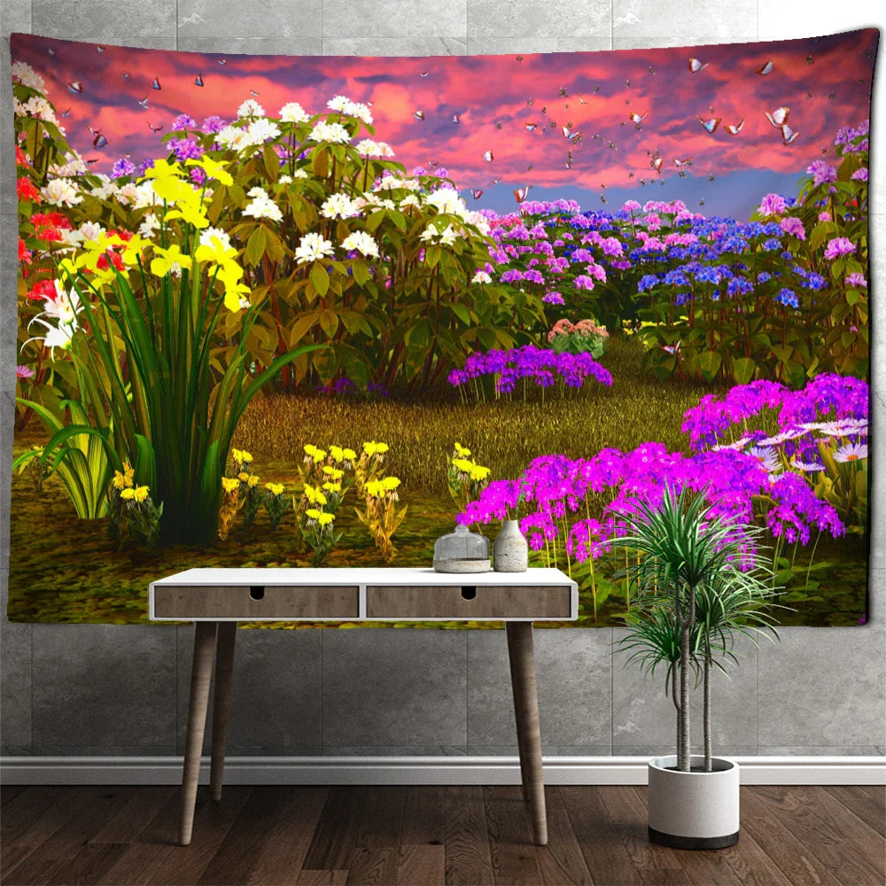 Rhododendron Bush Landscape Tapestry by Decobites: Psychedelic Hippie Wall Decor for Living Room