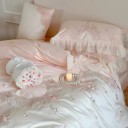 Decobites French Romantic Lace Ruffles Flowers Embroidery Bedding Set in Pink & Blue Cotton