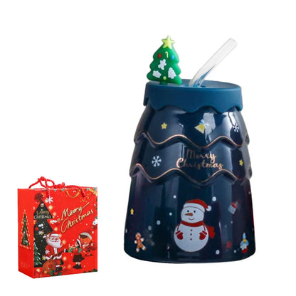 DecorBites™ Christmas Tree Ceramic Mug with Lid Straw for XMAS Gift