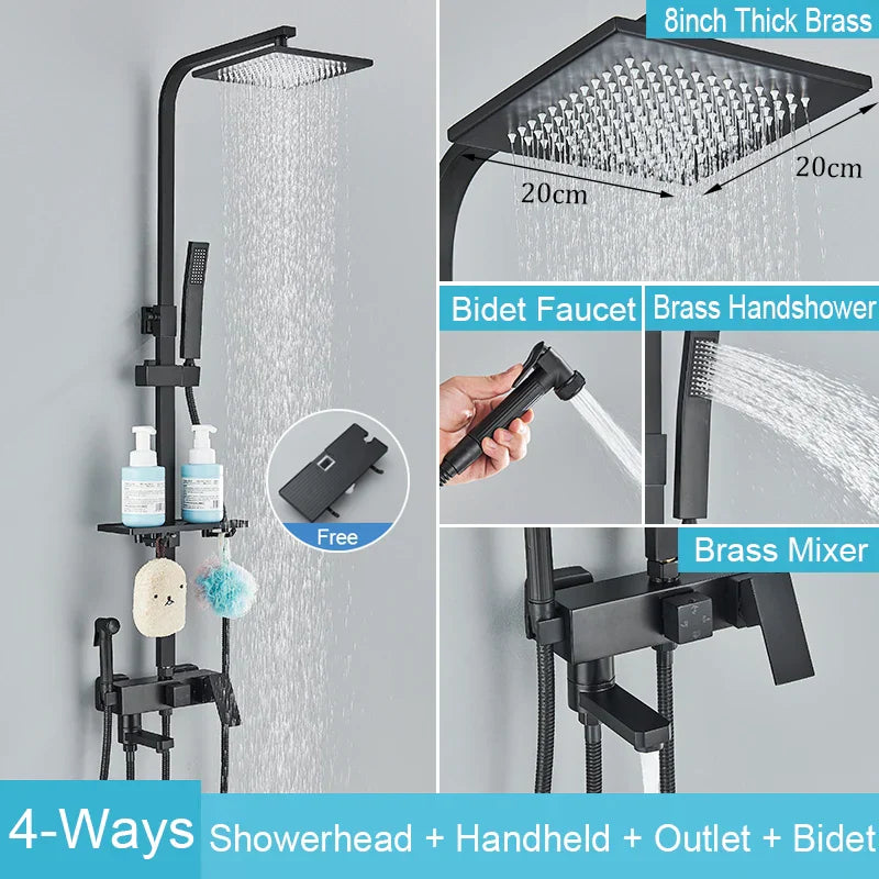 DecorBites™ Black Brass Shower Faucet Set Rainfall Bathtub Tap With Bathroom Shelf