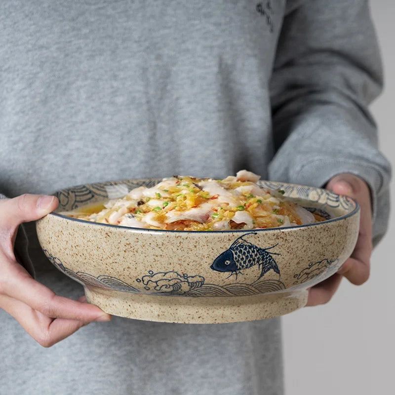 DecorBites™ 9" Retro Ceramic Ramen Noodle Bowl - Japanese Style Soup Bowl for Pickled Cabbage Fish