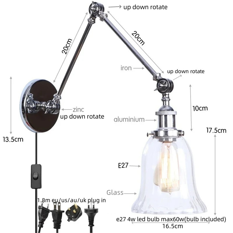 DecorBites™ Chrome Industrial LED Wall Sconce Swing Arm Clear Glass Lamp