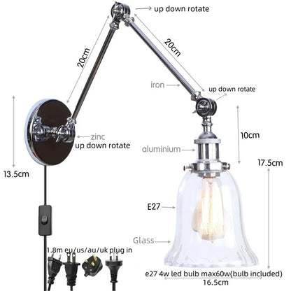 DecorBites™ Chrome Industrial LED Wall Sconce Swing Arm Clear Glass Lamp