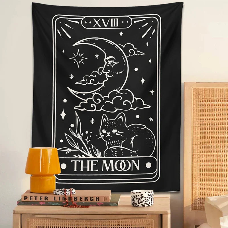 Moon Cat Tapestry Wall Hanging for Mystic Aesthetic by Decobites