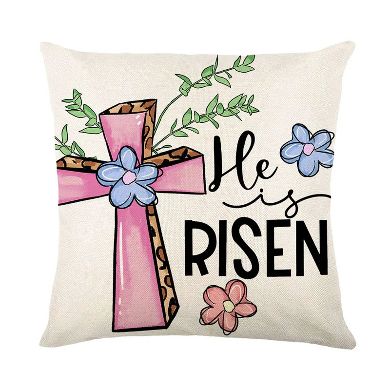 DecorBites™ Easter Bunny Rabbit Linen Cushion Cover 45x45cm - Flower Print Festival Pillowcase