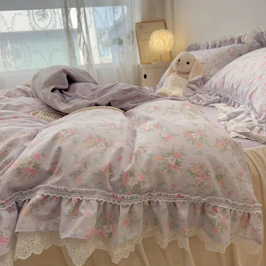 Decobites Princess Style Lace Ruffles Bedding Set - 100% Cotton, 3/4Pcs, Korean Design