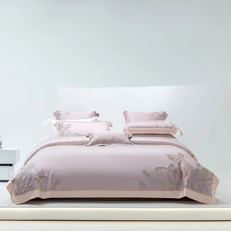 DecorBites™ Eucalyptus Lyocell Soft Silky Cool Bedding Set with Leaves Embroidery