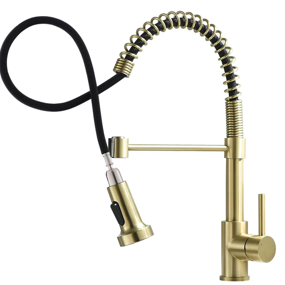 DecorBites™ Brush Brass Kitchen Faucet Single Lever Pull Out Spring Spout Mixer Tap